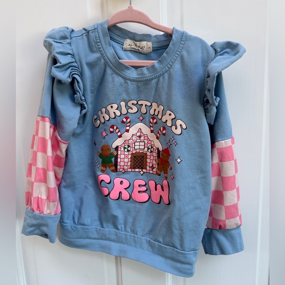 Marie Nicole 4T Girls Festive Blue Christmas Crew Gingerbread Long Sleeve Top